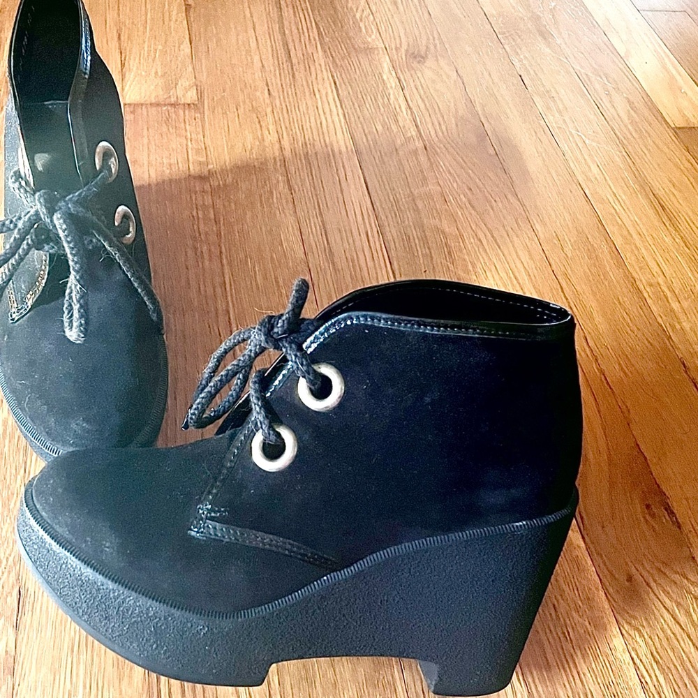 Robert Clergerie black genuine suede and leather wedges. Made in Paris, France.